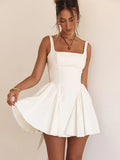 Elegant Backless Bow Lace Up Mini Dress Women Sweet Square Neck Pleated Suspender A-line Dresses Summer Lady Solid Robe