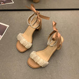Clear Heels Party Sandals Woman  Cross Buckle Strap Female Shoe Med Cross-Shoes High Girls  Medium Fashion Summer Block Bow