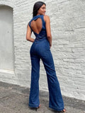 Backless Heart Cutout Bodycon Jumpsuit For Women Casual Sleeveless Slim One-Piece Outfits Retro Denim Jumpsuits New