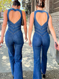 Backless Heart Cutout Bodycon Jumpsuit For Women Casual Sleeveless Slim One-Piece Outfits Retro Denim Jumpsuits New