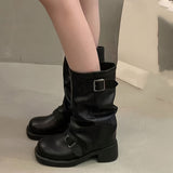 New Ribbed Western Style Mid-Calf Boot - Ladies' Black Fashion Boot with Lace-Up Closure and Chunky Heel