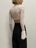 Lace See Through Petal Long Sleeve T-shirt Women Hollow Out O Neck Slim Patchwork Top Sheer Tees Fashion Streetwear