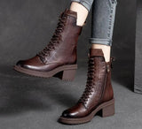 Cow Leather Quality Women Shoes Autumn Winter Square Med Heel Ankle Boots Lace Up Zipper Ladies Pumps Size 35-40