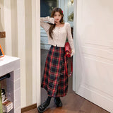 grunge outfits Retro Scottish Plaid Skirt Women's Long High Waist A- line Hip Skirt Slimming Draping Pleated Skirt