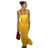 women's clothing summer new sexy hot girl solid color square neck mesh see-through slim long dress female