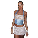 women's clothing spring and summer new fashion halter neck backless sexy low-cut perspective slim lace splicing suit