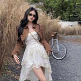 2000s fashion Pure Desire Temperament Sling Dress Women's Early Autumn Popular Suit Retro Motorcycle Short Coat Two-Piece Set