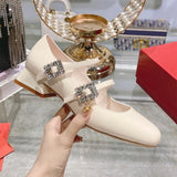 Sheepskin version ~ square toe genuine leather rhinestone one-strap shallow-mouth single shoes for women with thick heels French retro Mary Jane shoes for women