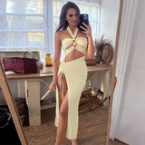 women's clothing solid color splicing hollow halter neck temperament fashion slit dress