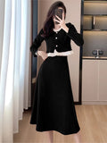 Korean Corduroy Two-piece Skirt Sets Autumn Women Long Sleeve Ruffles O-neck Top Solid Midi Skirt Fashion Outfits Winter New