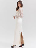 Lace Long Sleeve Sexy Maxi Dress For Women White Square Collar Backless Back Split Bodycon Club Party Long Dress