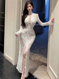 Autumn Sexy Long Sleeves Party Dress for Women Elegant Hollow Out Lace Bandage Bodycon Prom Vestidos Female Split Robe Outfits