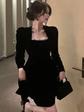 French Velvet Party Dress for Women Vintage Puff Sleeve A-Line Vestidos Robe Female One Piece Mini Birthday Evening Dresses New