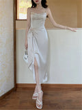 Elegant Vintage Midi Dresses for Women Sleeveless Fashion Spli Solid Square Collar Spaghetti Strap Party Dress New Summer