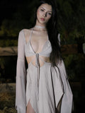 Women's Mesh Two Piece Set Sexy Long Sleeve Lace-up Outer Wear Top+Halter Skinny Hollow Out Lady Dress Suit New Outfit