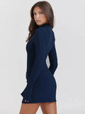 Women Elegant Dark Blue Commuting Mini Dress Autumn Sexy Pocket Long Sleeve Bodycon Dresses Lady Chic Party Club Robe