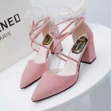 Ladies Shoes Pumps Footwear Block Heel Sandals for Women Pink Summer Pointed Toe Thick High Heels with Strap Chunky Heeled