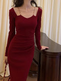 Sexy Women Bodycon Slim Midi Dress Autumn Casual Black Red Evening Party Club Chic Vestidos Female Birthday Robe Clothings