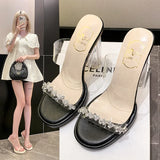 Transparent High Heels Women Chunky with Summer New Fashion Rhinester Fairy Wind Crystal Slippers