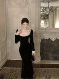 Vintage Fashions Black Long Sleeves Velvet Midi Dresses for Women Autumn New Elegant Chic Evening Birthday Party Female Clothing