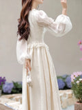 French Fairy Lantern Sleeve Midi Dress for Women Summer Elegant Retro Slim Sweet Party One Piece Dress Korean Casual Clothes