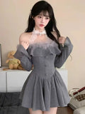 Korean Sweet Mini Dress Sexy Gray Off Shoulder Long Sleeves Lace-up A-Line Party Dresses Y2K Female One Piece Vestidos Mujer New