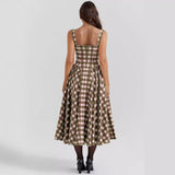 Palace Style Plaid Print A-line Dress Women Spaghetti Strap Spring Summer Dress Elegant Midi Long Party Dresses