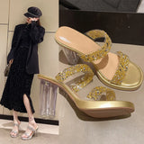 Summer New Thick Sole Thick Heel Slippers for Women Wearing Silver Open Toe Double Striped High Heel Sandals with Sequins