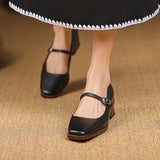 New Genuine Leather Mary Jane shoes Women's Shoes Retro Buckle Shallow Heel Pumps Square Toe Shoes Woman Zapatos De Mujer
