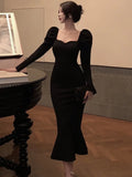 Elegant French Black Long Mermaid Dresses for Women Autumn Winter Square Collar Puff Sleeve High Waist A-Line Vestidos Mujer New