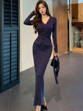 Sexy Bodycon Knitted Skirt Suits for Women Elegant V-Neck Long Sleeve Pleated Top Solid Skirt 2 Pieces Set Korean New Vestidos