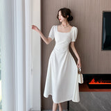 Summer New Elegant Party White Midi Dresses for Women Korean Square Collar Puff Sleeve Slim Holiday Casual Female Clothing