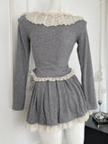 Y2K Sweet Knitted Skirt Suits Long Sleeves Lace Patchwork Bow Lace-up Princess Tops + Pleat Mini Skirt Womens Two Pieces Set New