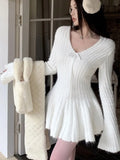 Elegant Knitted Dress Woman Lace-up V-Neck Slim Sweater Dresses Fashion Birthday Party Mini Dress Solid Chic A-Line Vestidos New