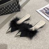 Pointy Mule Shoes Women's Fluffy  Summer Dress Elegant Slingback Sandals Party Slide Simple and Shallow Cut Style