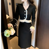 Elegant Party Fashion Black Midi Dresses for Women Autumn New V-neck Long Sleeve Patchwork Korean Chic Slim Female Clothing