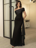 One Shoulder Mesh Patchwork Ribbon Dress Women Fashion New Slim Fit Black Female Long Dress Elegant Party Evening Dress