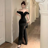 Ruffled One Shoulder Strapless Evening Dress Women Spring Summer Elegant High Waist Slim Wrapped Slit Long Dresses