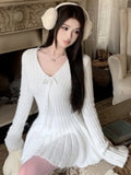 Elegant Knitted Dress Woman Lace-up V-Neck Slim Sweater Dresses Fashion Birthday Party Mini Dress Solid Chic A-Line Vestidos New