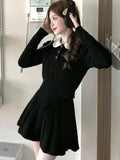 Women's Two Pieces Knitted Skirt Set Elegant Kawaii Long Sleeves Pullover Sweater + A-Line Mini Skirt Y2K Autumn Female Clothing