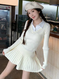 Y2K Sweet Knitted Skirts Suit Preppy Style Long Sleeve Pullover Top + Pleated A-Line Mini Skirt Womens Two Pieces Set New Outfit