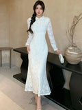 Elegant Hollow Out Lace Cheongsam Dress Chinese Style New Fashion Sexy Slim Wedding Party Dresses Solid Bodycon Vestidos Mujer