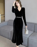 Elegant Black Velvet Mermaid Wedding Dress France V Neck Long Sleeve Slim Waist Party Prom Vestidos Autumn Winter Sexy Robe