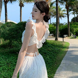 White Vacation Beach Casual Midi Dresses Women Summer Ruffle Embroidered Sexy Backless Lace-up Slit Sleeveless Female Clothing