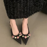 New Spring and Autumn Fashion Flower Sweet Pointed Shallow Mouth Bow Needle Buckle Casual Thin High Heel Women's Shoes