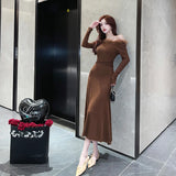 Korean Sexy Patchwork Long Sleeve Knitted Midi Dresses for Women Autumn New Elegant Party Bandage Sweater Female Clothing