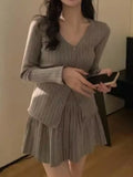 Y2K Elegant Mini Pleated Skirt Sets Autumn Women V-neck Long Sleeves Knitted Cardigan Two-piece Solid Korean Chic Suits