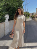 Elegant Solid Ribbed Knitted Maxi Dress Women O-neck Short Sleeve Pleated Lace Up Dresses Summer Lady Streetwear Robe