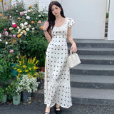 Elegant Party Lace Patchwork Satin Midi Dresses for Women Summer New Korean Casual Fashion Sweet Polka Dots Female Clothing