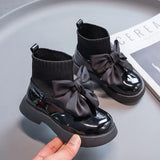 Children's Boots Fashion PU Solid Black Bow Girls Uniform Spring and Autumn New Kids Fashion Flying Knit School Socks Shoes